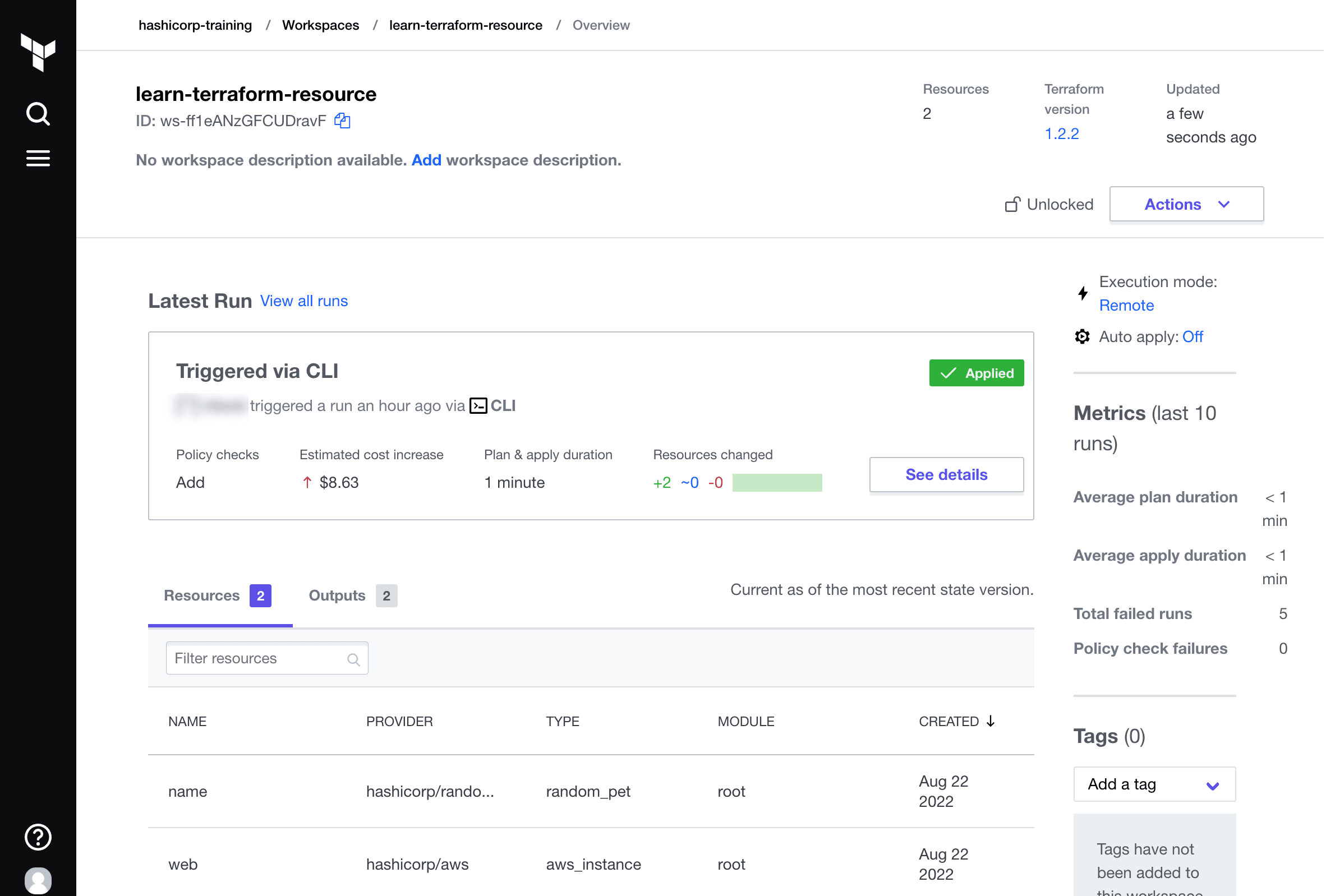 Terraform workspace resource overview