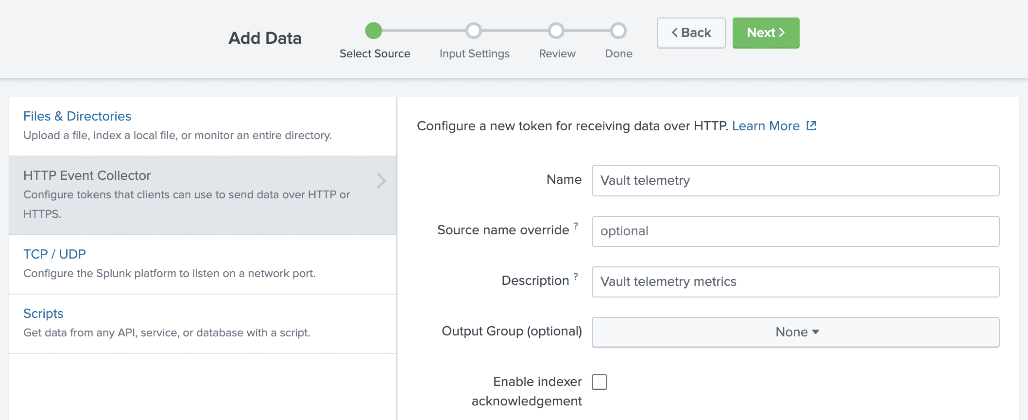 Example HEC source configuration