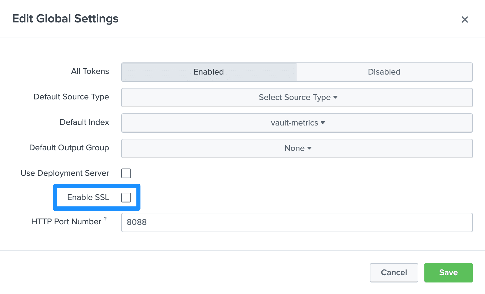 Example HEC token global settings